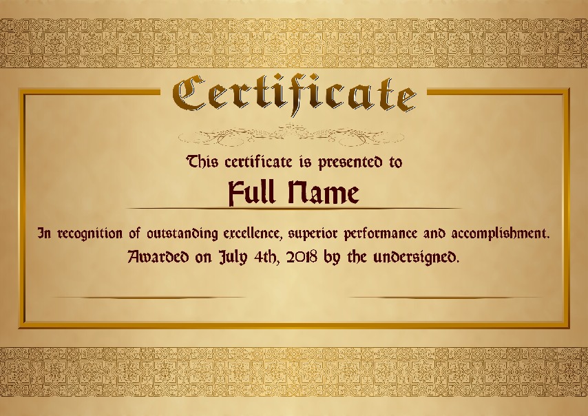 Certificate as PDF file, "golden style" with customizable content