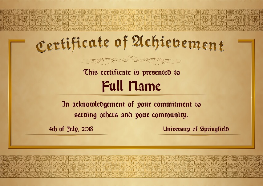 Certificate of Achievement as PDF file, "golden style" with customizable content