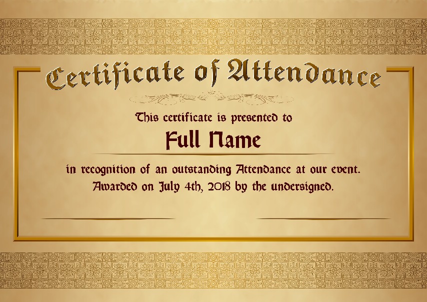 Certificate of Attendance as PDF file, "golden style" with customizable content