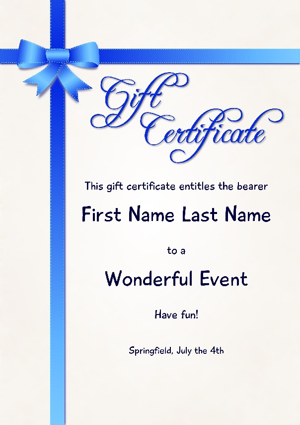 Gift Certificate as PDF file, "Blue Ribbon" with customizable content