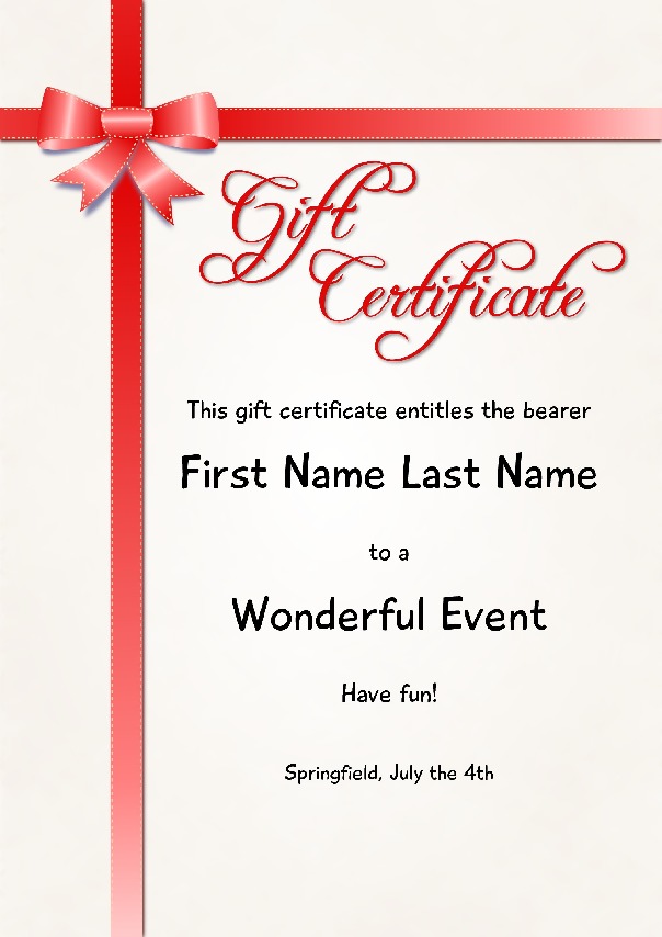 Gift Certificate as PDF file, "Red Ribbon" with customizable content